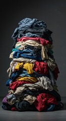 A huge heap of wrinkled, stained, and used clothing sits waiting for the washing machine, symbolizing household chores and cleaning tasks, clothing, routine, indoor