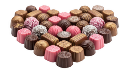 Assorted chocolates heart shape isolated on white background