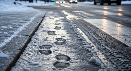 Footprints on icy sidewalk in a winter city. Tire tracks in slushy road at a crosswalk. Cold urban weather and slippery street conditions