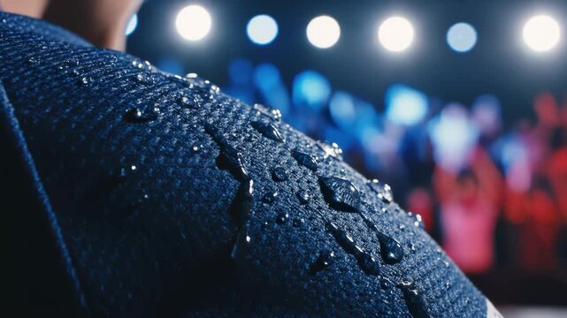 Close Up of Water Droplets Rolling Off Person's Water Resistant Fabric