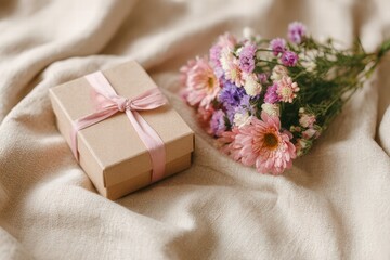 flowers and gift box flat lay, Valentine&rsquo;s Day theme, photorealistic style, soft natural or studio lighting, realistic textures, clean composition