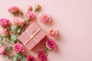 flowers and gift box flat lay, Valentine&rsquo;s Day theme, photorealistic style, soft natural or studio lighting, realistic textures, clean composition
