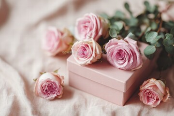 flowers and gift box flat lay, Valentine&rsquo;s Day theme, photorealistic style, soft natural or studio lighting, realistic textures, clean composition