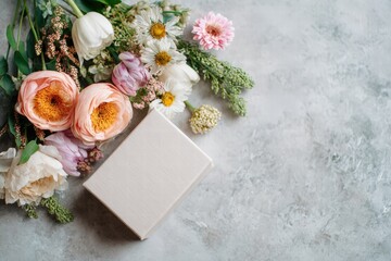 flowers and gift box flat lay, Valentine&rsquo;s Day theme, photorealistic style, soft natural or studio lighting, realistic textures, clean composition
