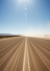 A wide, dusty dirt racing track stretching into the distance under a bright sky, marked with boundary lines ready for competition, movement, empty, energy