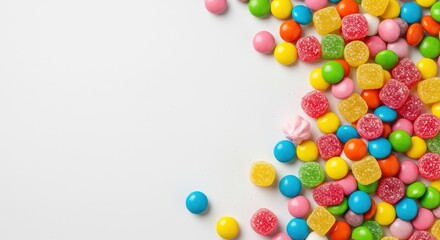 Obraz premium Bright white background overflowing with colorful, assorted sugar candies creates a joyful and vibrant sweet food display ,dessert ,candies ,delicious