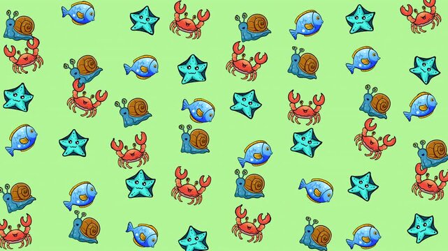 Sea pattern featuring various ocean creatures like fish, crabs, snails, and stars. Ideal for beachthemed designs and marinerelated projects.
