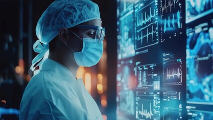 Surgeons processing data with advanced technology in a medical environment, data processing over diverse surgeons with face masks during operation - Powered by Adobe