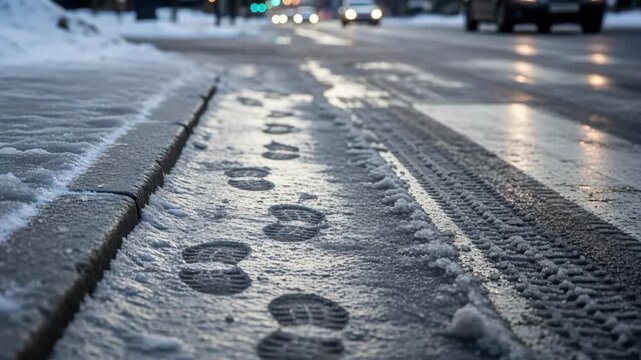 Footprints on an icy sidewalk in a winter city. Close-up of slushy snow with tire tracks at a crosswalk. Urban winter commute and slippery road conditions