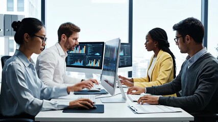 Business team meeting in office, discussing data on computer screen, with coworkers collaborating in background - Powered by Adobe