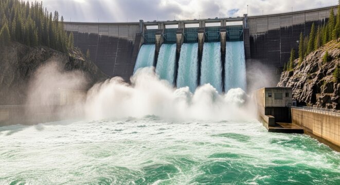 A colossal concrete dam with multiple floodgates open, releasing powerful streams of turquoise water into a turbulent river below, bathed in bright sunlight.