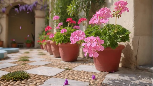 Sunlit Mediterranean courtyard with decorative fountain, mosaic stone paving, succulents and terracotta pots, arched walls with wisteria creating a calm inner garden space