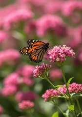 Naklejka premium A beautiful natural moment featuring brilliant orange and black monarch butterflies feeding on vibrant pink blossoms under bright summer sunlight ,magenta ,black ,pollination