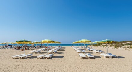 Obraz premium A bright, sunny image featuring empty white sand beaches, focusing on rows of neatly arranged resort beds and a collection of colorful sun umbrellas, water, paradise, chair