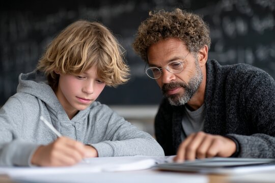 Caucasian teen boy learning with mature african male teacher at classroom desk - Powered by Adobe
