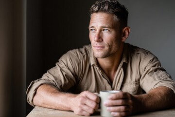 Contemplative young caucasian male with coffee mug by window
