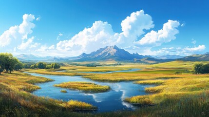 Serene landscape of a wide, calm river flowing through golden grassy plains