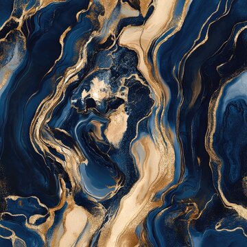 Abstract Blue and Gold Fluid Marble Texture Background with Luxury Feel