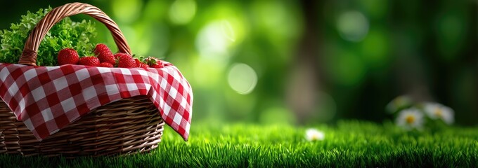 Wicker Picnic Basket on Green Grass with Checkered Cloth