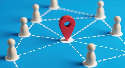 Red location pin at the center of a network connecting white pawns on blue background