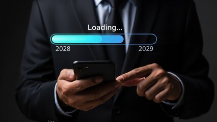 Businessman in a dark suit using a smartphone to check progress on a digital loading bar representing the year transition from 2028 to 2029