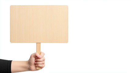 Hand Holding Blank Wooden Sign Isolated on White Background