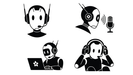 Black and white illustrations of operators wearing headsets and using communication tools