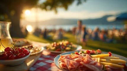 Sunset Picnic with Cheese, Wine and Friends in Summer Park Celebration