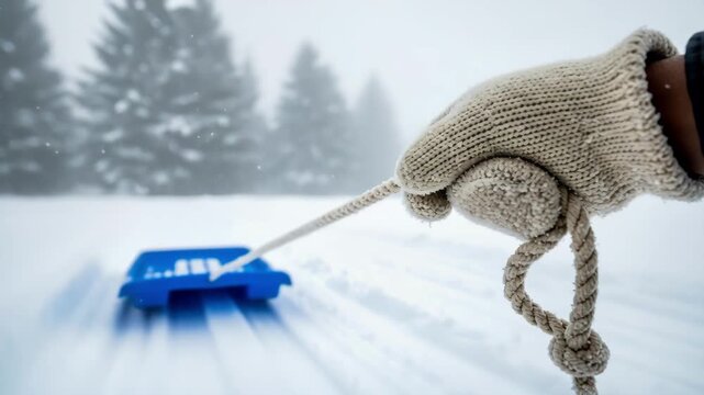 Hand in a wool mitten pulling a blue sled across packed snow. Winter outdoor activity in a foggy evergreen forest. Close-up of rope and sledding equipment