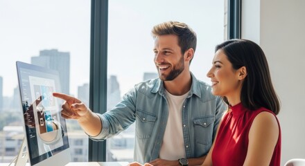 Man and woman smiling while working together on a computer in a bright office setting with a city view.