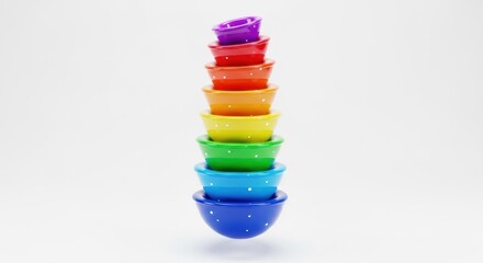 A stack of seven colorful nested bowls in rainbow order on a white background.