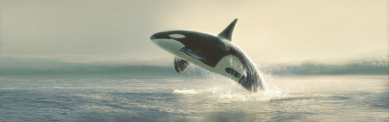 A powerful orca whale leaps gracefully out of calm ocean water in golden sunrise light.