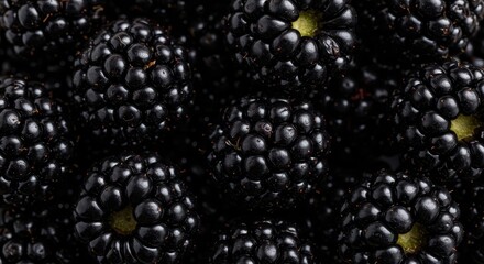 A close-up of deeply purple-black ripe blackberries glistening with natural sugars, perfectly showcasing their plump texture and sweet appeal, blackberry, nature, cooking