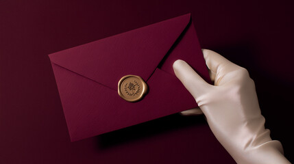 A gloved hand presents an elegant burgundy envelope sealed with a wax stamp on a matching background.
