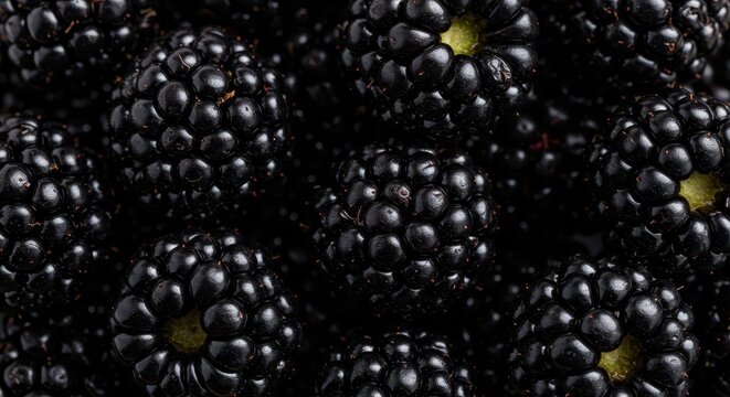 A close-up of deeply purple-black ripe blackberries glistening with natural sugars, perfectly showcasing their plump texture and sweet appeal, blackberry, nature, cooking