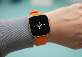 Close Up Orange Smartwatch Displaying Heart Rate Monitor on Wrist