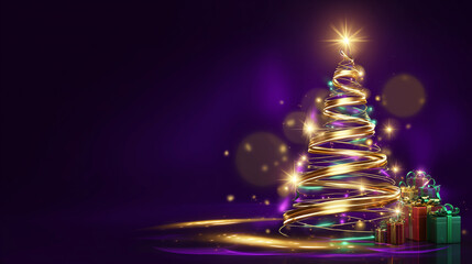 Abstract glowing Christmas tree made of golden light trails on a purple background with gifts.