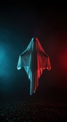 A spooky ghost figure floating in a dark, foggy environment during the autumn season celebrating Halloween night, flowing, spooky, fog