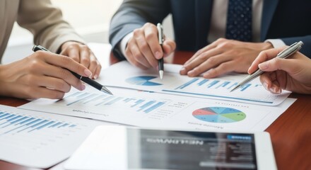 Business professionals analyzing financial data and charts during an office meeting.