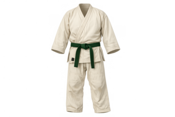 Martial arts gi with a green belt showing progress and discipline, ready for training or competition, isolated