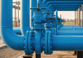 Close Up View of Blue Industrial Pipeline Flange Connection System