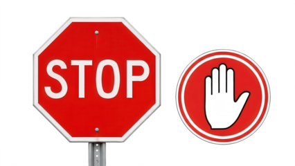 Prohibited entry signs, realistic stop road sign with white palm gesture.