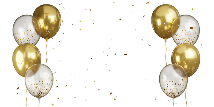 Luxury gold balloons and confetti celebration party decoration 3D render, 3d render of Celebration banner with golden and clear balloons floating and confetti.