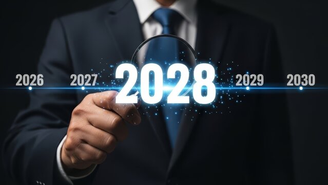 Businessman in formal suit points at glowing digital number 2028 on a futuristic timeline display - Powered by Adobe