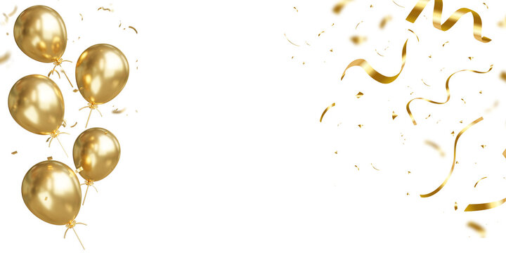 Luxury gold balloons and confetti celebration party decoration 3D render, 3d render of Celebration banner with golden and clear balloons floating and confetti.