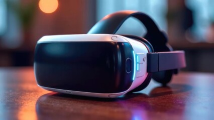 Futuristic virtual reality headset placed on a table surface. Advanced technology for gaming, simulation and digital experiences