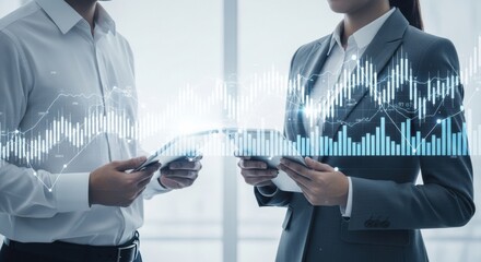 Two business professionals examine financial growth charts and data on digital tablets.