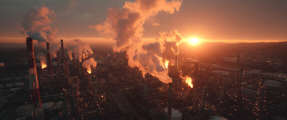 Aerial view of an oil refinery and chemical plant with smoking chimneys at sunset