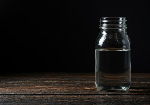 Clear, potent alcohol illegally distilled and stored in a glass mason jar on a dark, rustic wooden table surface ,hidden ,rustic ,spirit