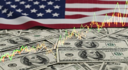 US economy growth concept with stock market chart overlaying American flag and dollar bills.